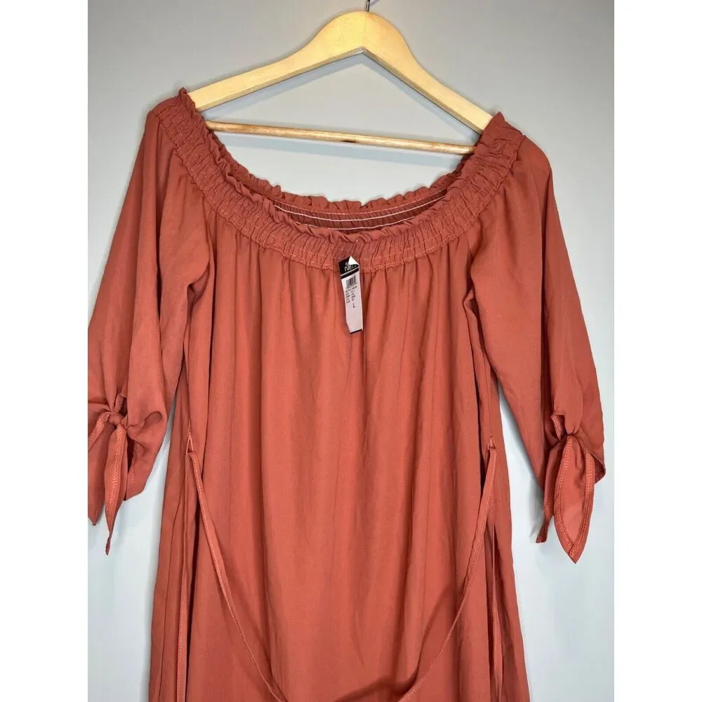 Polly & ester off shoulder mauve orange dress tie waist fall midi size LARGE - Picture 2 of 4